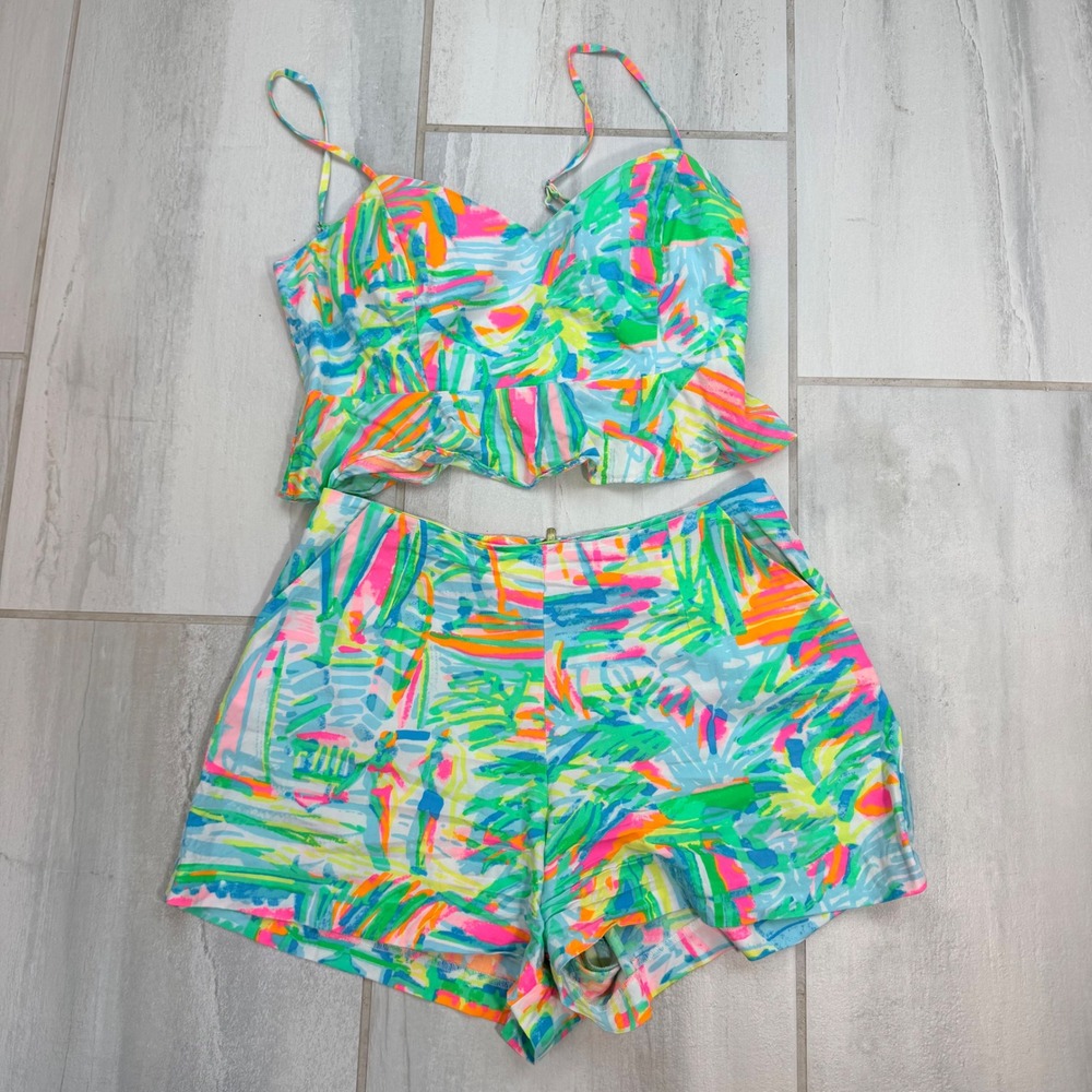 Lilly Pulitzer Neon Tropical Cami Crop Top Shorts Matching Set Size 4